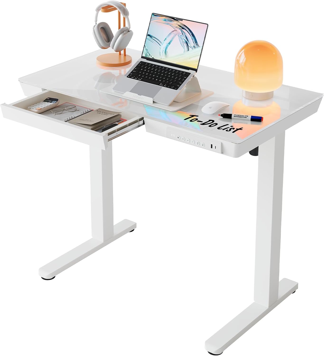 Electric Adjustable Glass Standing Desk with Drawers & USB Charging Ports White 35"x20" Zevon