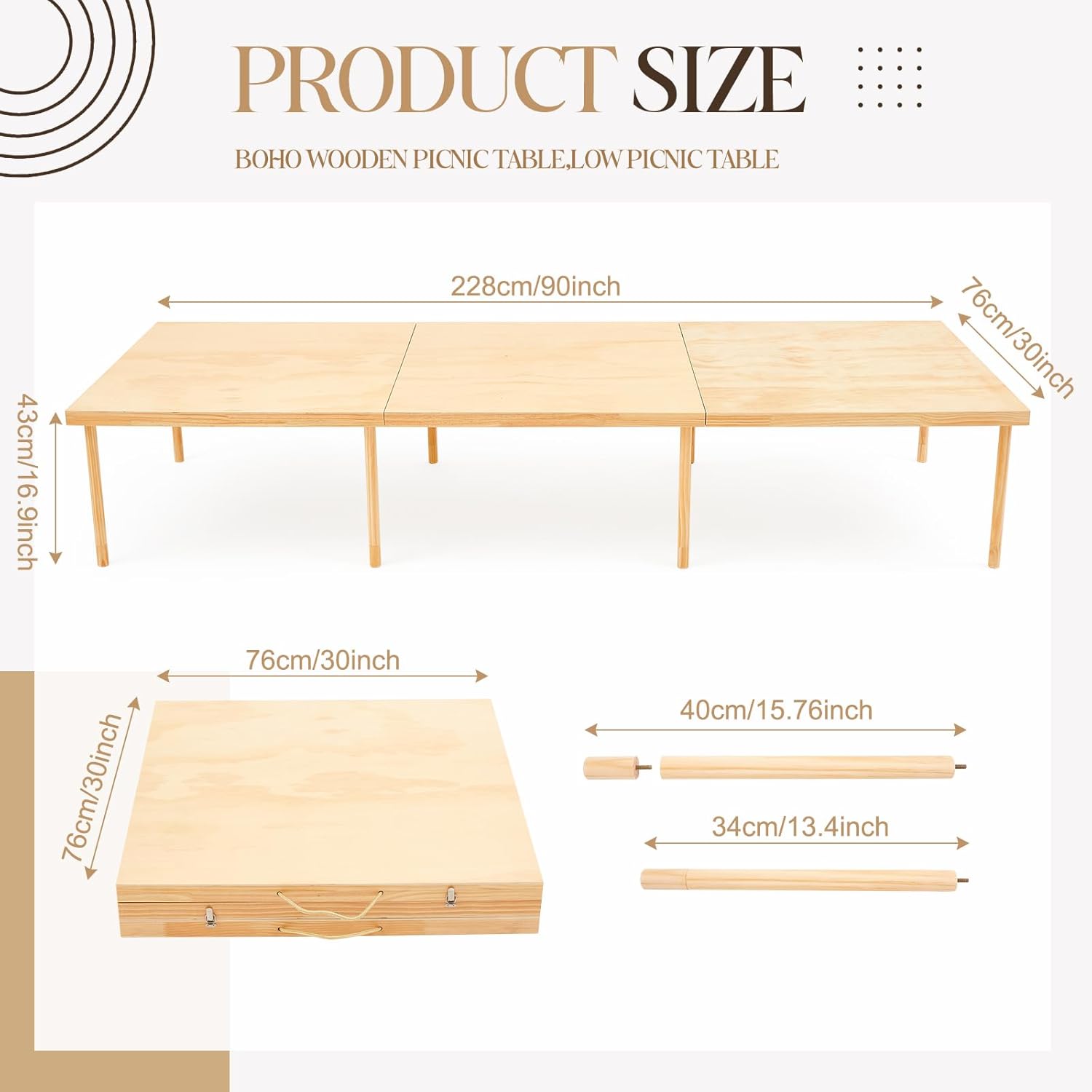 90"x30" Boho Wooden Portable Folding Low Outdoor Picnic Table with Adjustable Height for Floor Seating Zevon