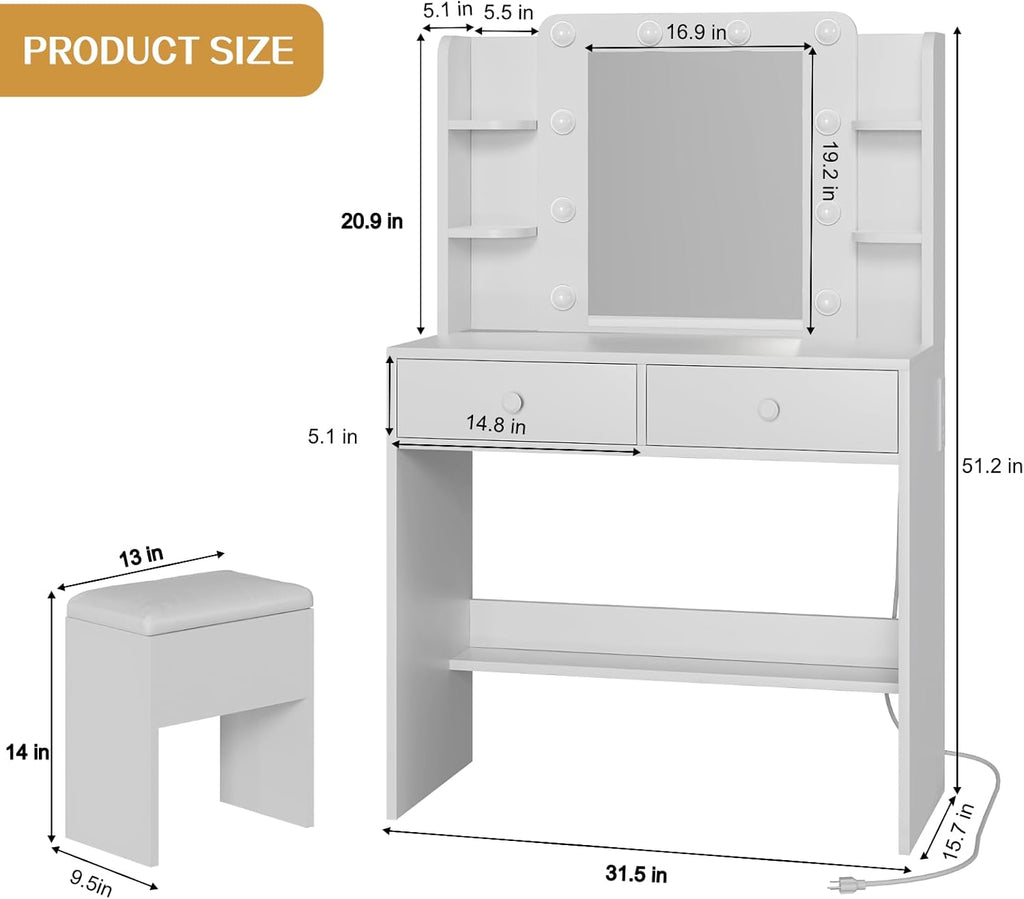 FUXA Makeup Vanity Desk with LED Mirror, Charging Station & Storage Drawers Dressing Table Set with Chair White Zevon