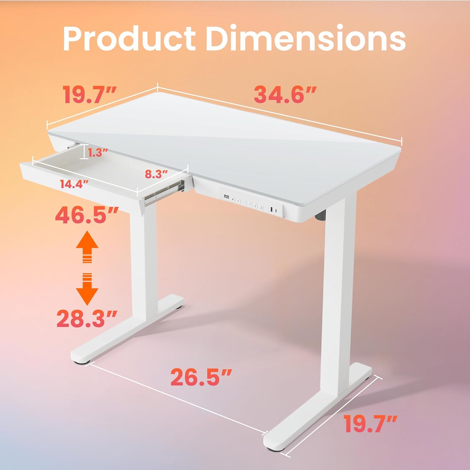 Electric Adjustable Glass Standing Desk with Drawers & USB Charging Ports White 35"x20" Zevon