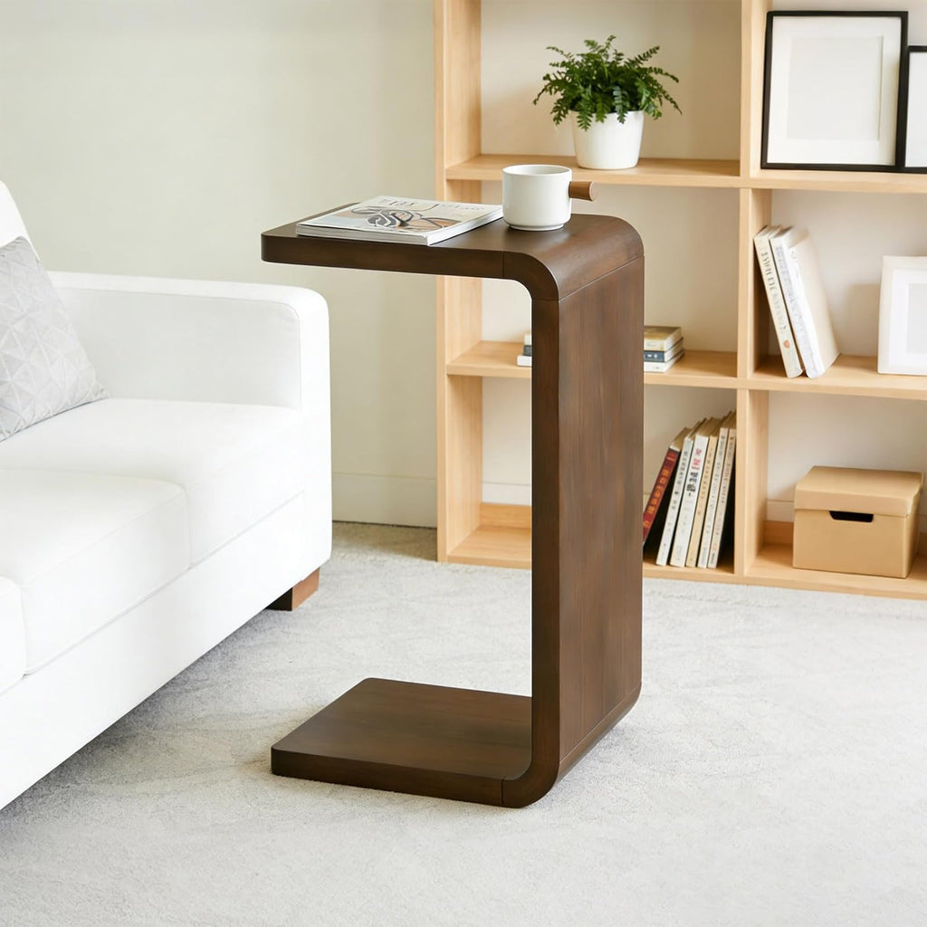 Rustic Walnut C-Shaped Wooden Narrow Side End Table for Couch Sofa & Living Room Zevon