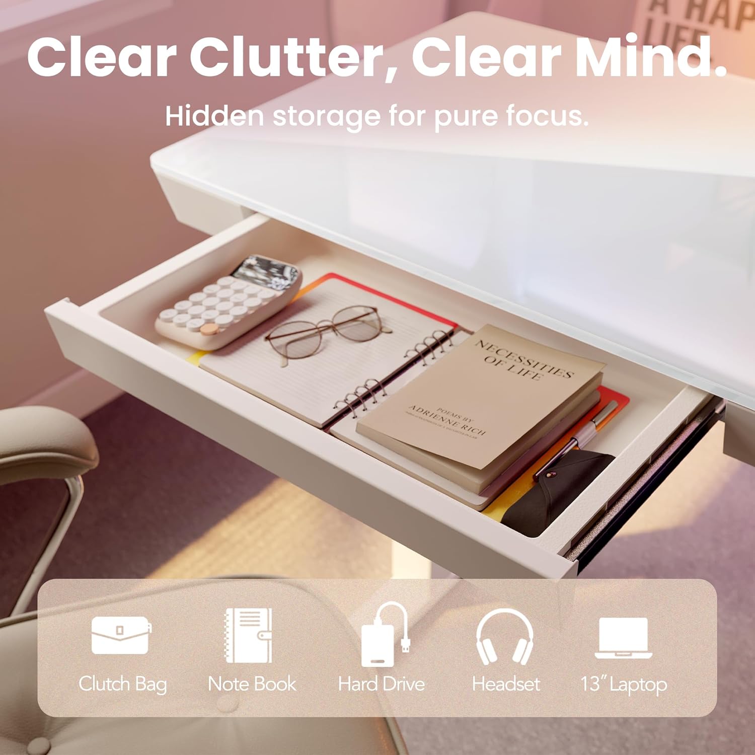 Electric Adjustable Glass Standing Desk with Drawers & USB Charging Ports White 35"x20" Zevon