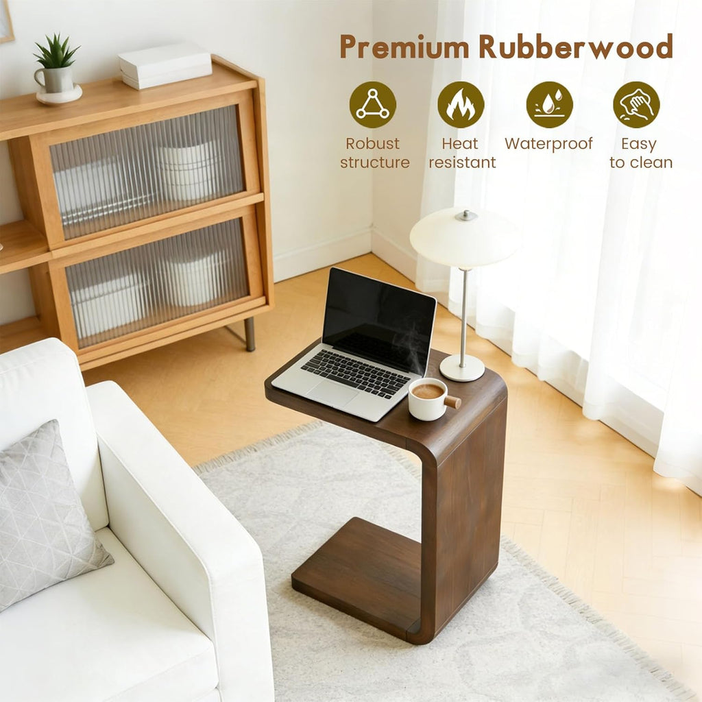 Rustic Walnut C-Shaped Wooden Narrow Side End Table for Couch Sofa & Living Room Zevon