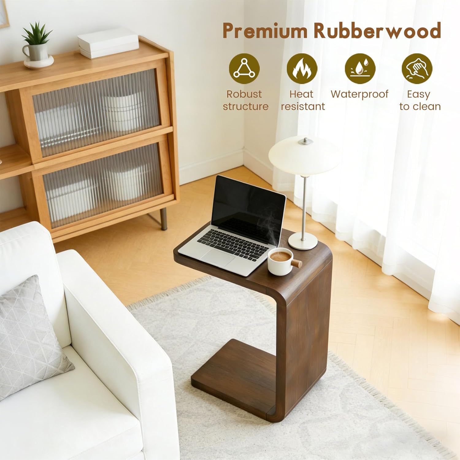 Rustic Walnut C-Shaped Wooden Narrow Side End Table for Couch Sofa & Living Room Zevon