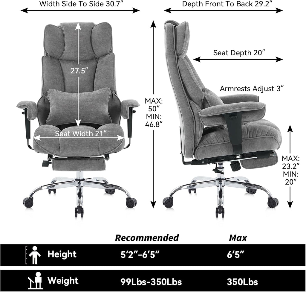 Efomao Executive Fabric Office Chair with Footrest Soft-Cushioned Big & Tall Computer Desk Chair Grey Zevon