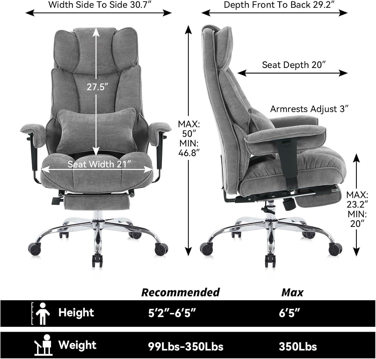 Efomao Executive Fabric Office Chair with Footrest Soft-Cushioned Big & Tall Computer Desk Chair Grey Zevon