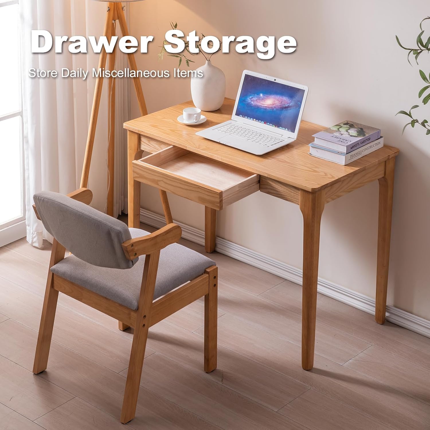 Solid Wood Home Office Desk with Drawers for Small Spaces & Gaming Study Bedroom Wood Color 31.5-Inch Zevon