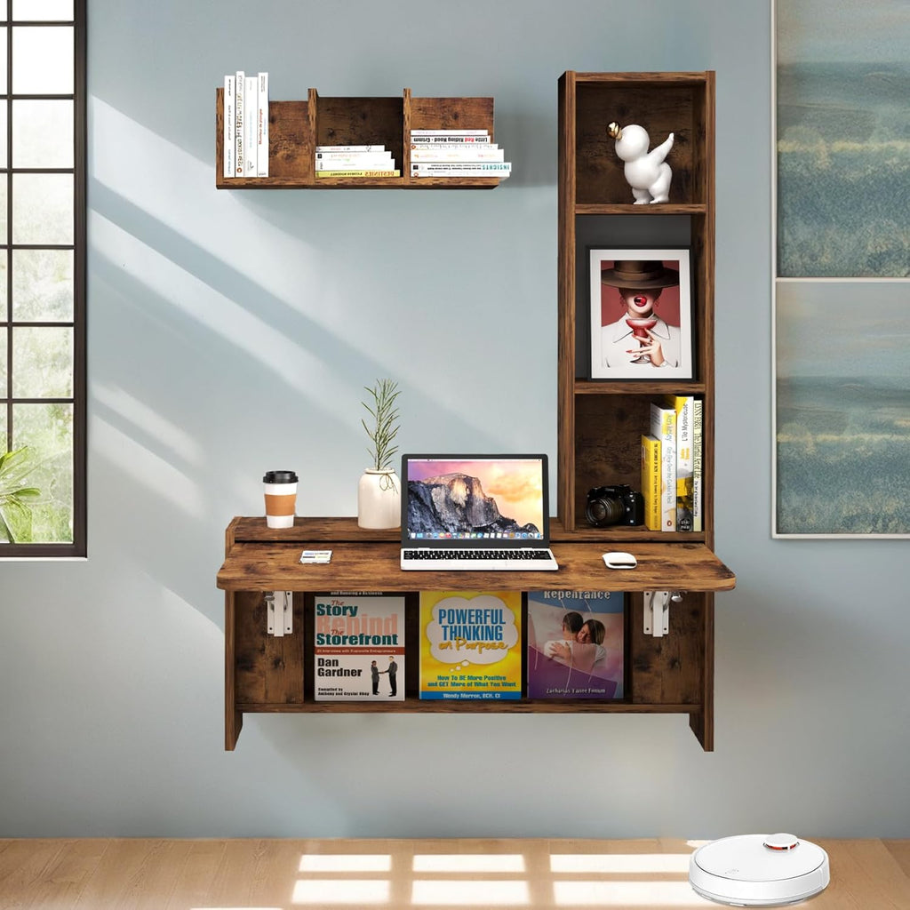 Folding Wall-Mounted Drop-Leaf Table with Moveable Cabinets & Convertible Storage Shelves Multifunctional Space-Saving Workstation Zevon