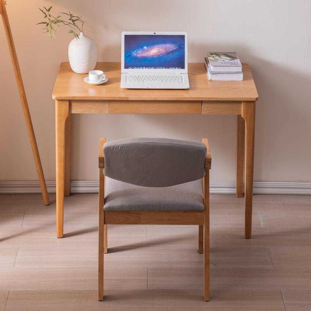 Solid Wood Home Office Desk with Drawers for Small Spaces & Gaming Study Bedroom Wood Color 31.5-Inch Zevon