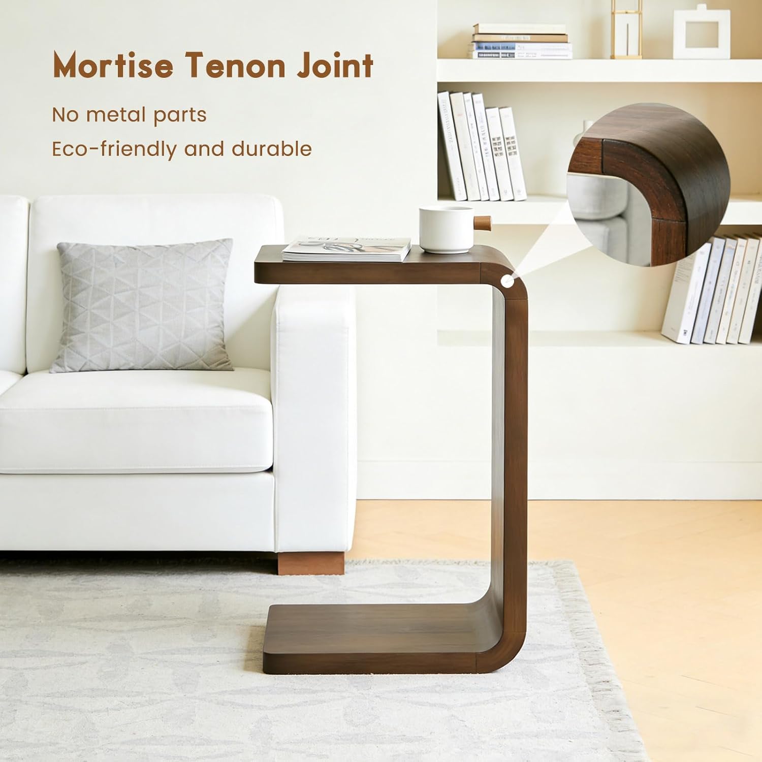 Rustic Walnut C-Shaped Wooden Narrow Side End Table for Couch Sofa & Living Room Zevon