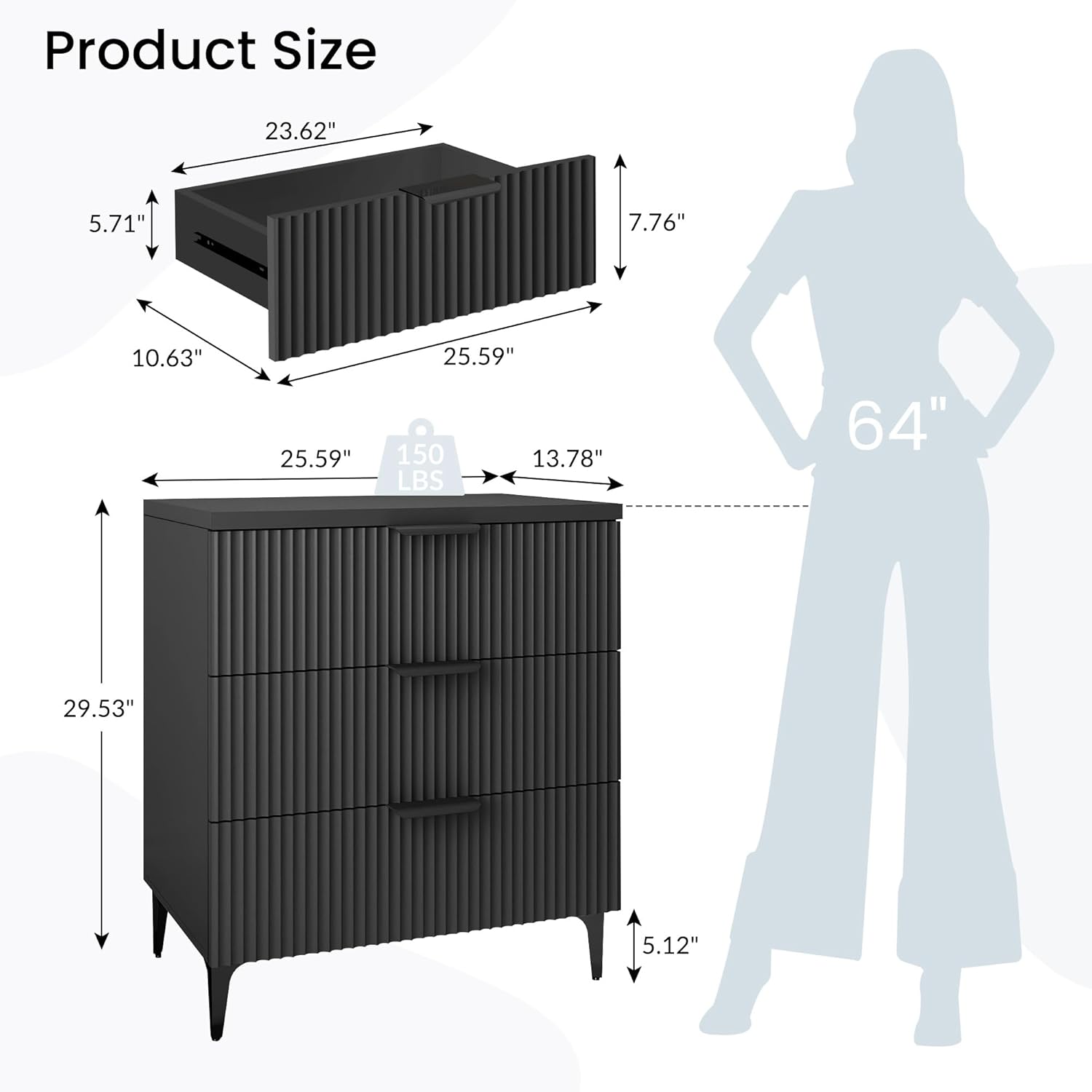 25.6-Inch Black Fluted 3-Drawer Modern Wood Nightstand Bedside End Table with Robot-Friendly Legs Zevon