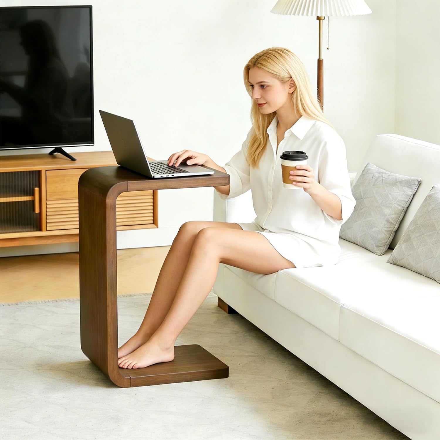 Rustic Walnut C-Shaped Wooden Narrow Side End Table for Couch Sofa & Living Room Zevon