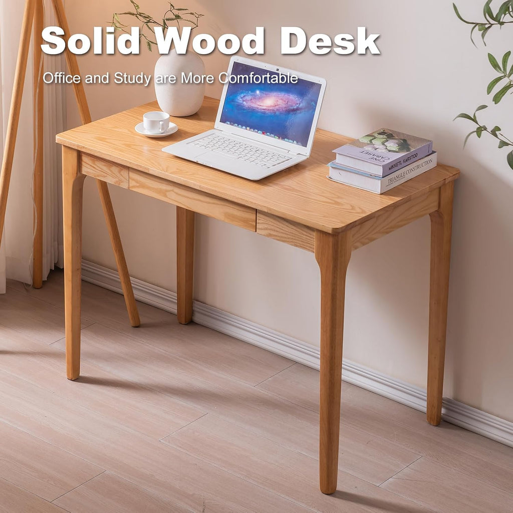 Solid Wood Home Office Desk with Drawers for Small Spaces & Gaming Study Bedroom Wood Color 31.5-Inch Zevon