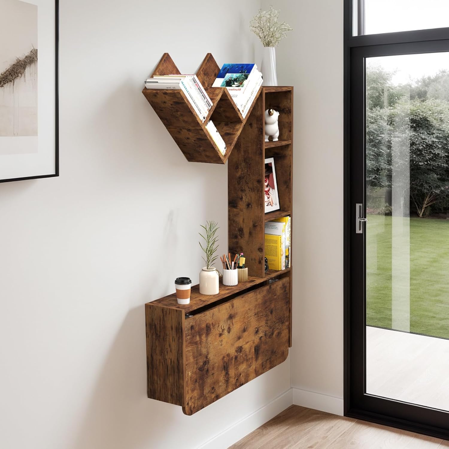 Folding Wall-Mounted Drop-Leaf Table with Moveable Cabinets & Convertible Storage Shelves Multifunctional Space-Saving Workstation Zevon