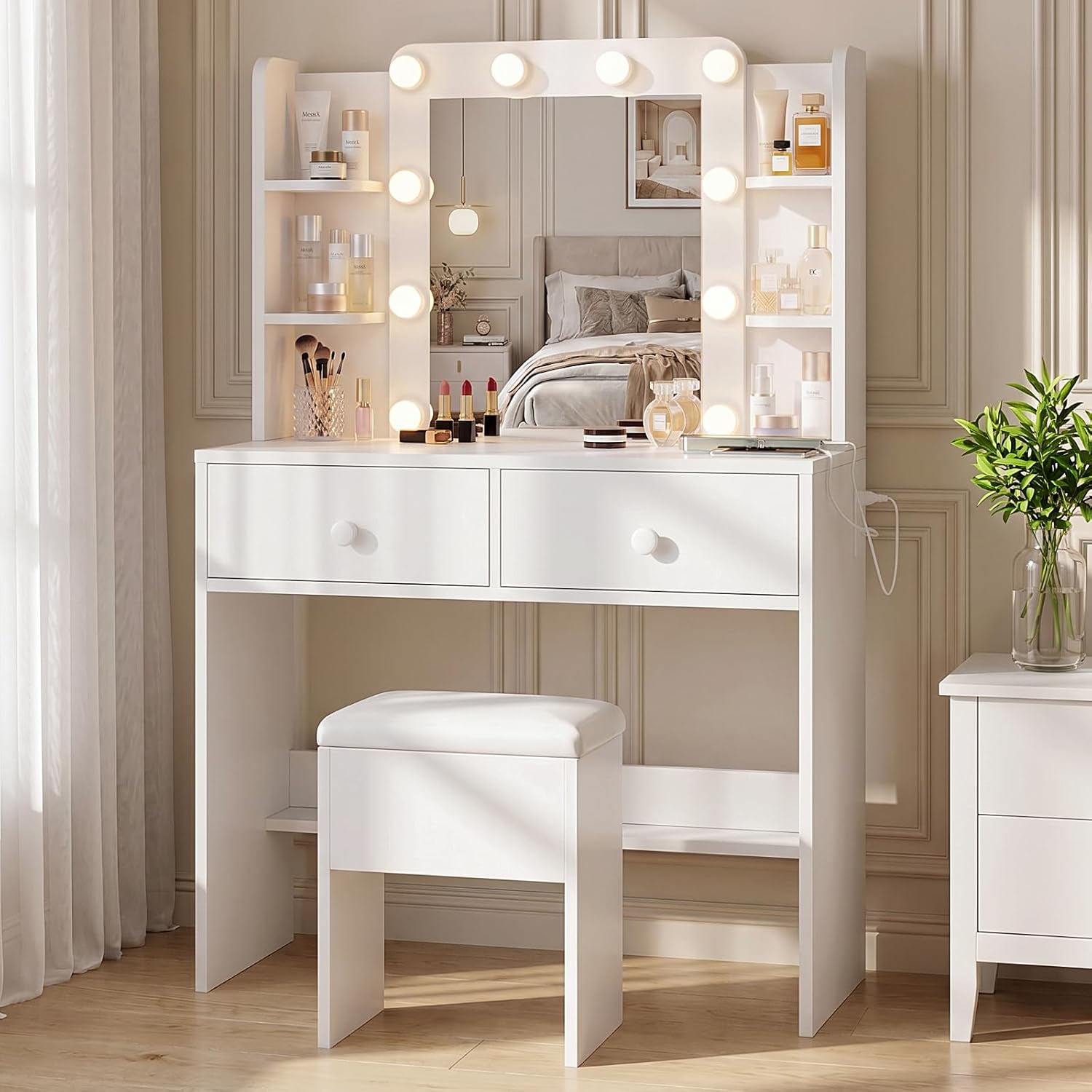 FUXA Makeup Vanity Desk with LED Mirror, Charging Station & Storage Drawers Dressing Table Set with Chair White Zevon