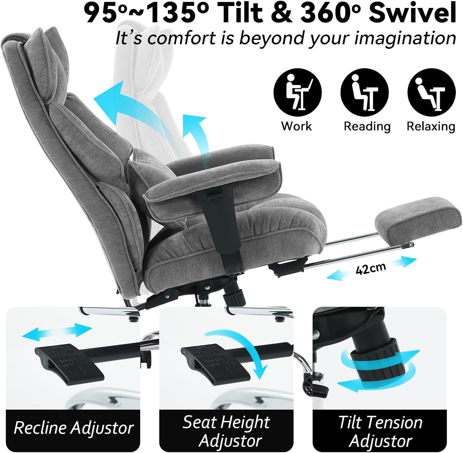 Efomao Executive Fabric Office Chair with Footrest Soft-Cushioned Big & Tall Computer Desk Chair Grey Zevon