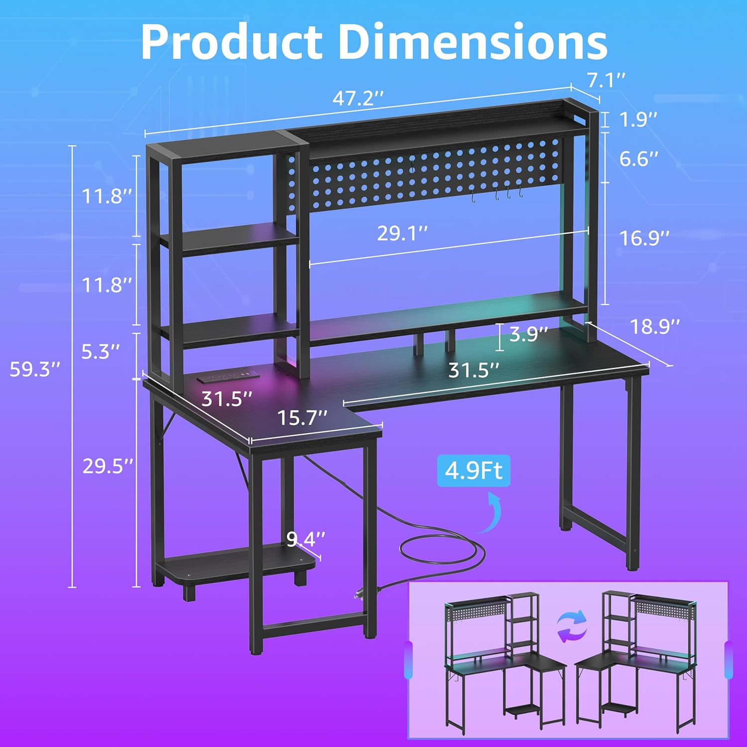 48-Inch L-Shaped Corner Gaming Desk with Shelves, LED Lights, Power Outlets, Reversible Pegboard & Monitor Stand Black Zevon