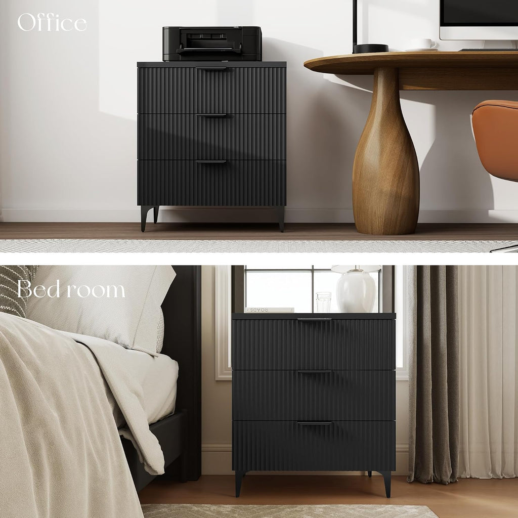 25.6-Inch Black Fluted 3-Drawer Modern Wood Nightstand Bedside End Table with Robot-Friendly Legs Zevon