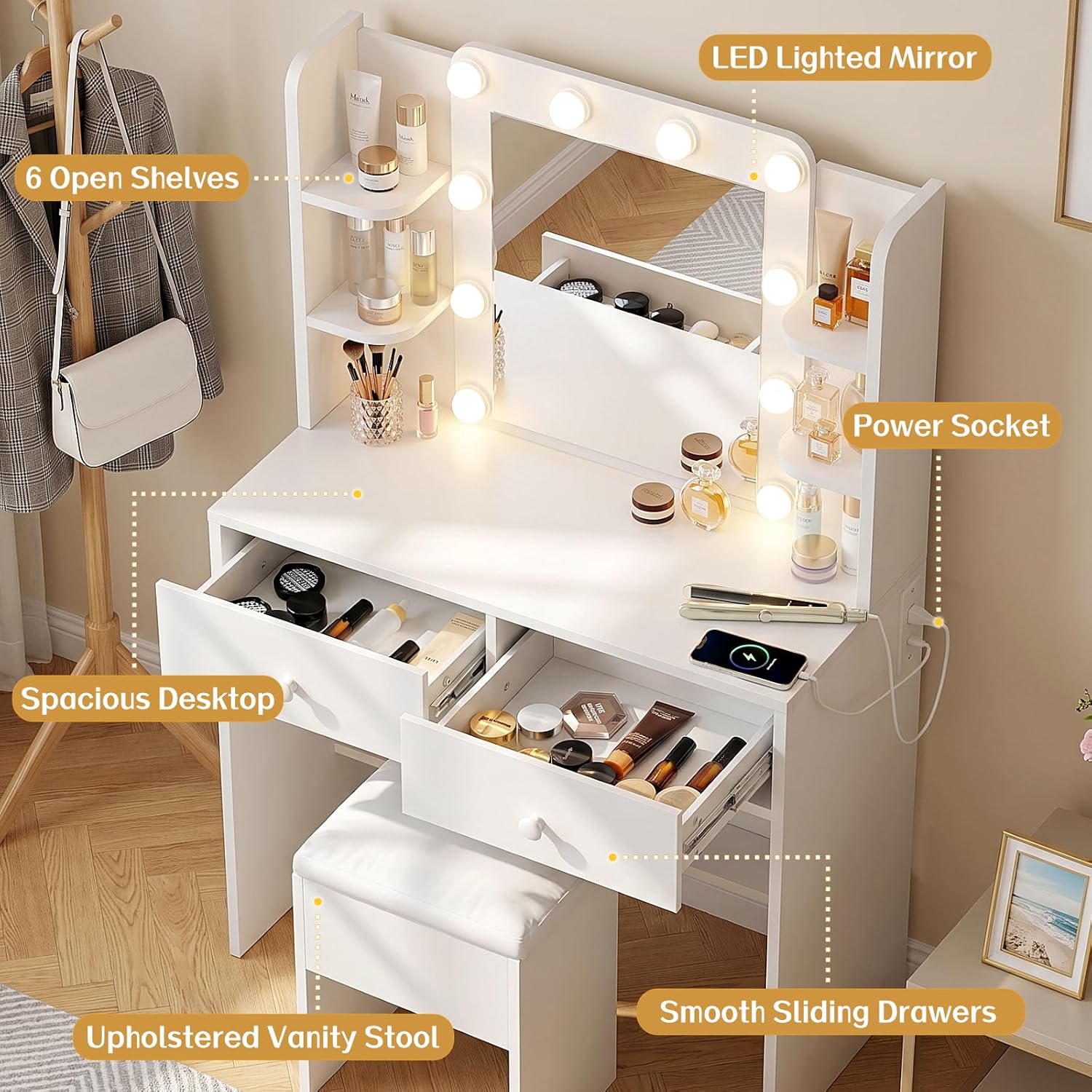 FUXA Makeup Vanity Desk with LED Mirror, Charging Station & Storage Drawers Dressing Table Set with Chair White Zevon