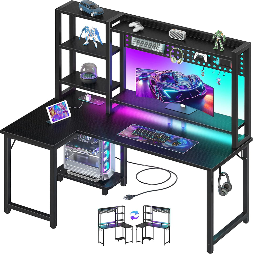 48-Inch L-Shaped Corner Gaming Desk with Shelves, LED Lights, Power Outlets, Reversible Pegboard & Monitor Stand Black Zevon