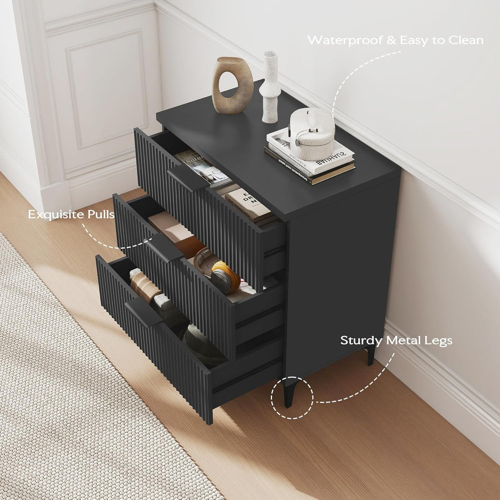 25.6-Inch Black Fluted 3-Drawer Modern Wood Nightstand Bedside End Table with Robot-Friendly Legs Zevon