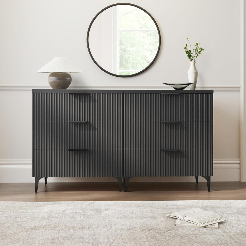 25.6-Inch Black Fluted 3-Drawer Modern Wood Nightstand Bedside End Table with Robot-Friendly Legs Zevon
