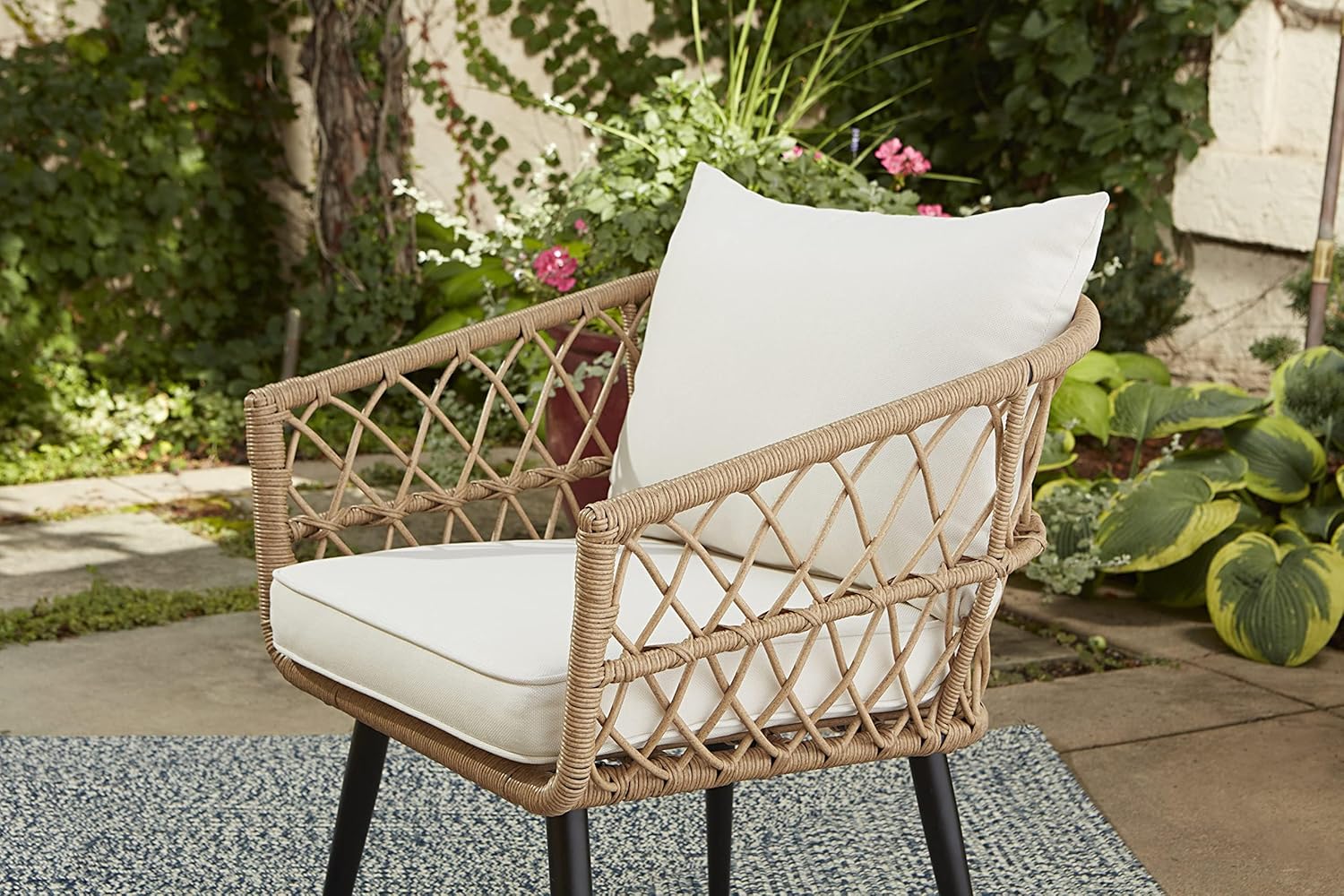 Quality Outdoor Living Hermosa 3-Piece Chat Set Aluminum Frame Tan Wicker & Linen Cushions 65-YZ03HM Zevon