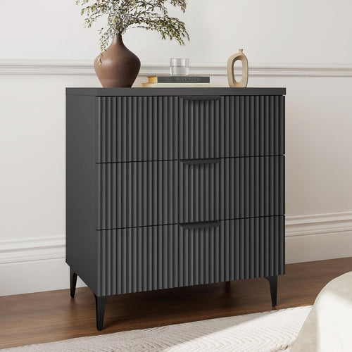 25.6-Inch Black Fluted 3-Drawer Modern Wood Nightstand Bedside End Table with Robot-Friendly Legs Zevon