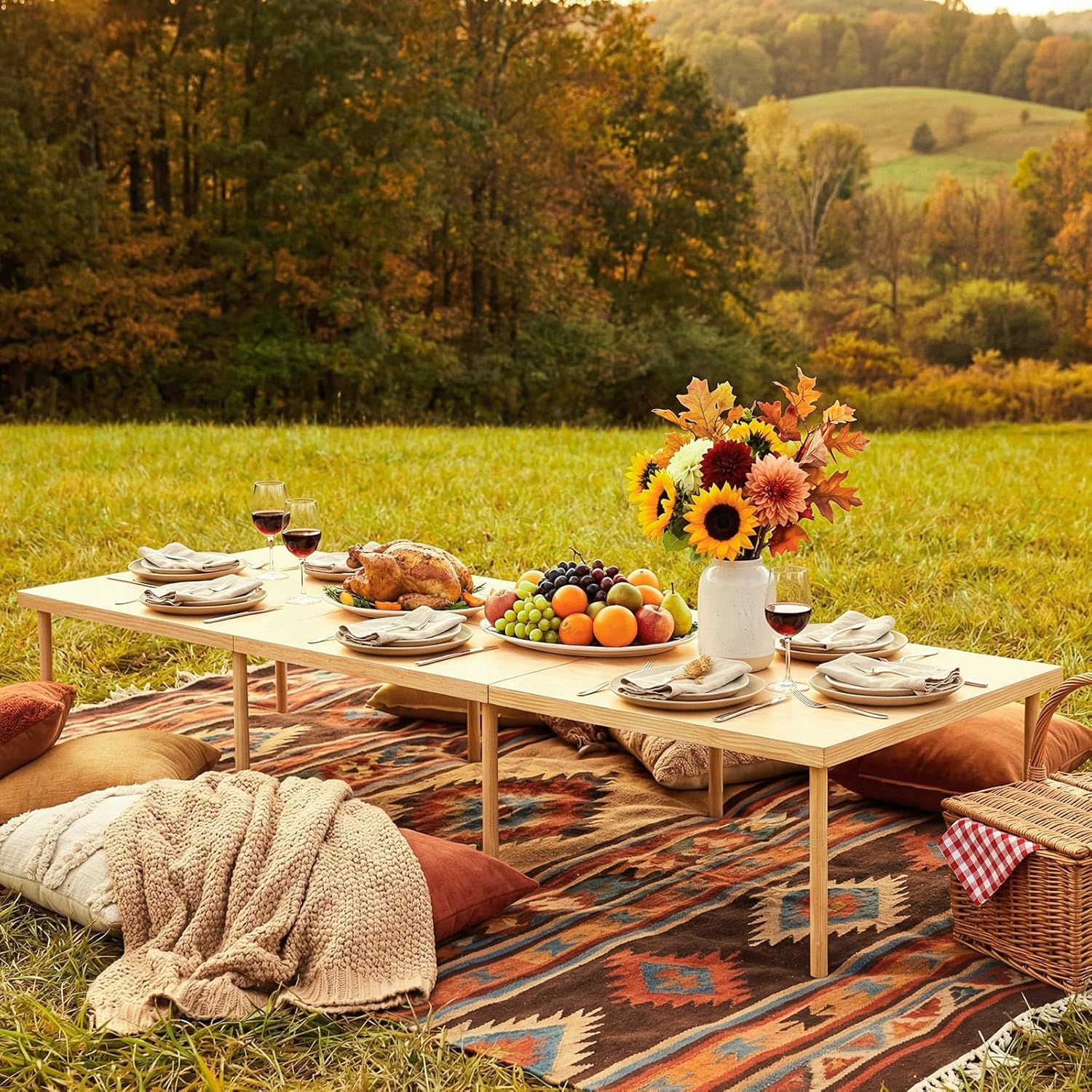 90"x30" Boho Wooden Portable Folding Low Outdoor Picnic Table with Adjustable Height for Floor Seating Zevon