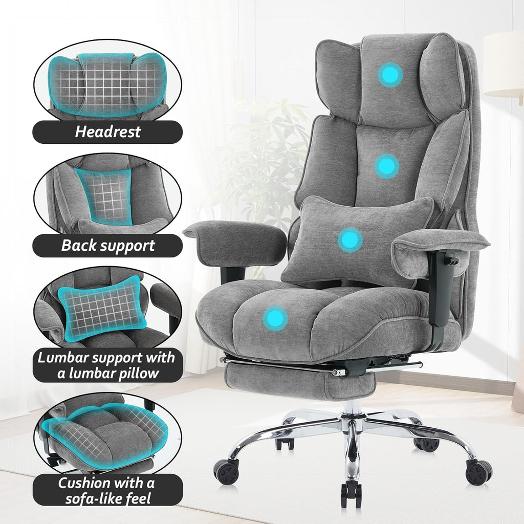 Efomao Executive Fabric Office Chair with Footrest Soft-Cushioned Big & Tall Computer Desk Chair Grey Zevon