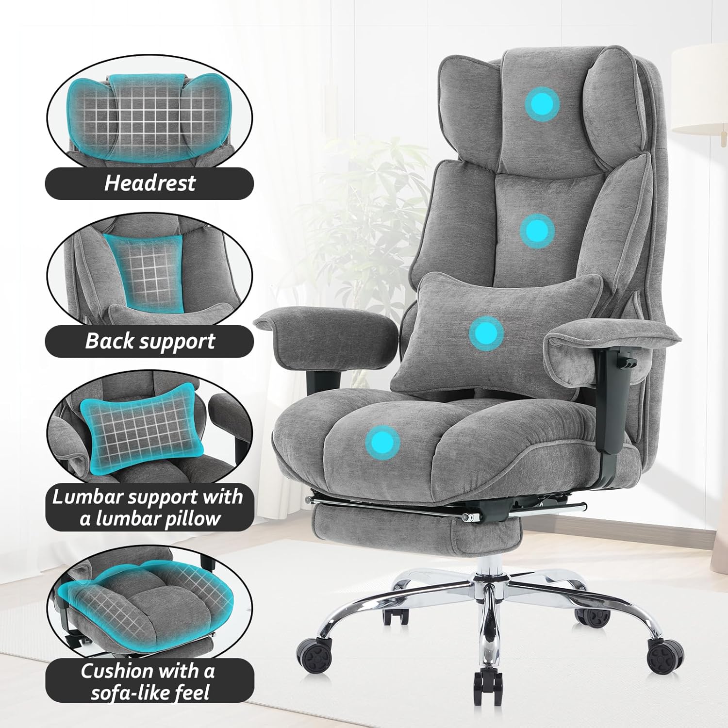 Efomao Executive Fabric Office Chair with Footrest Soft-Cushioned Big & Tall Computer Desk Chair Grey Zevon