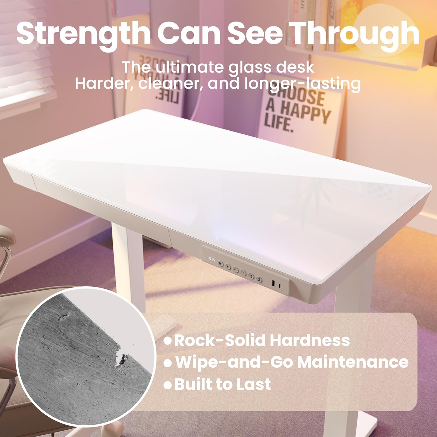 Electric Adjustable Glass Standing Desk with Drawers & USB Charging Ports White 35"x20" Zevon