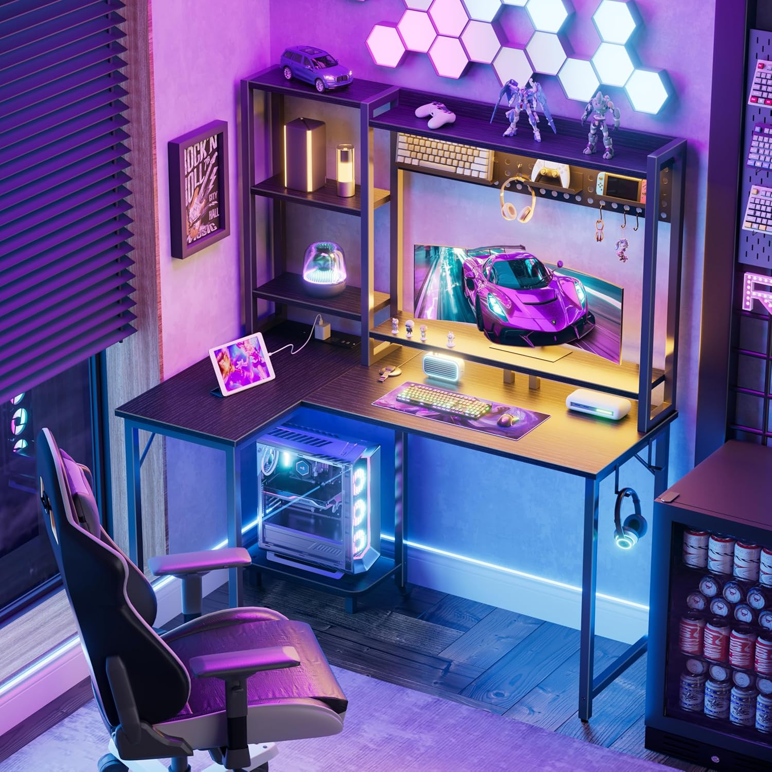 48-Inch L-Shaped Corner Gaming Desk with Shelves, LED Lights, Power Outlets, Reversible Pegboard & Monitor Stand Black Zevon