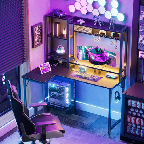 48-Inch L-Shaped Corner Gaming Desk with Shelves, LED Lights, Power Outlets, Reversible Pegboard & Monitor Stand Black Zevon